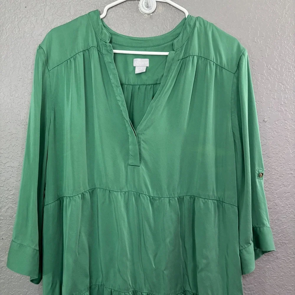 Chicos Green Modal Tiered Maxi Dress V-Neck Roll Tab Sleeve Size 3 XL 16/18 - Picture 4 of 8